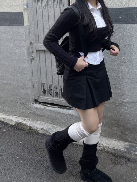 School Look Shirt Cardigan Layered Set