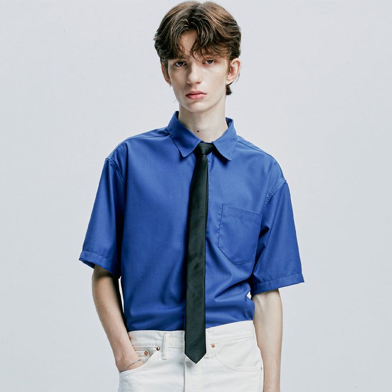 [SLIMTIE SET]fine twill tip half shirt blue