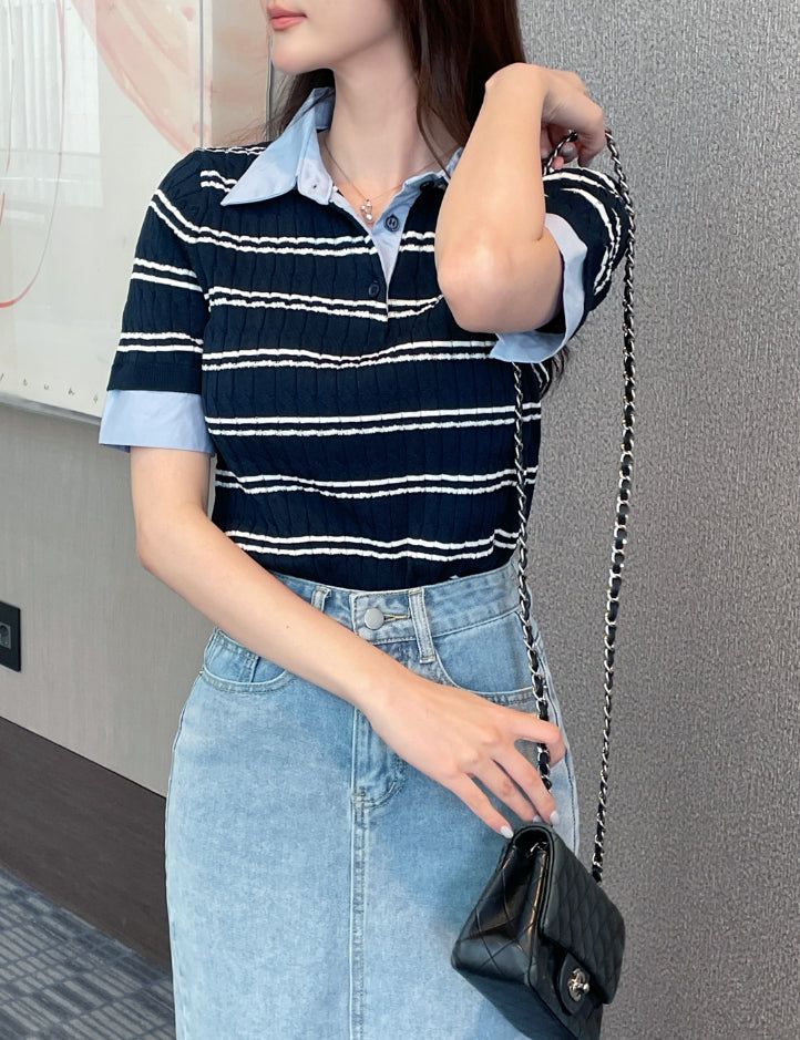 Monta Color Matching Collar Stripe Cable Knit