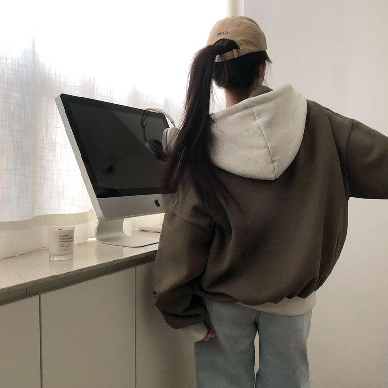 [BELLIDE MADE] two-tone coloring wool boxy hooded zip-up
