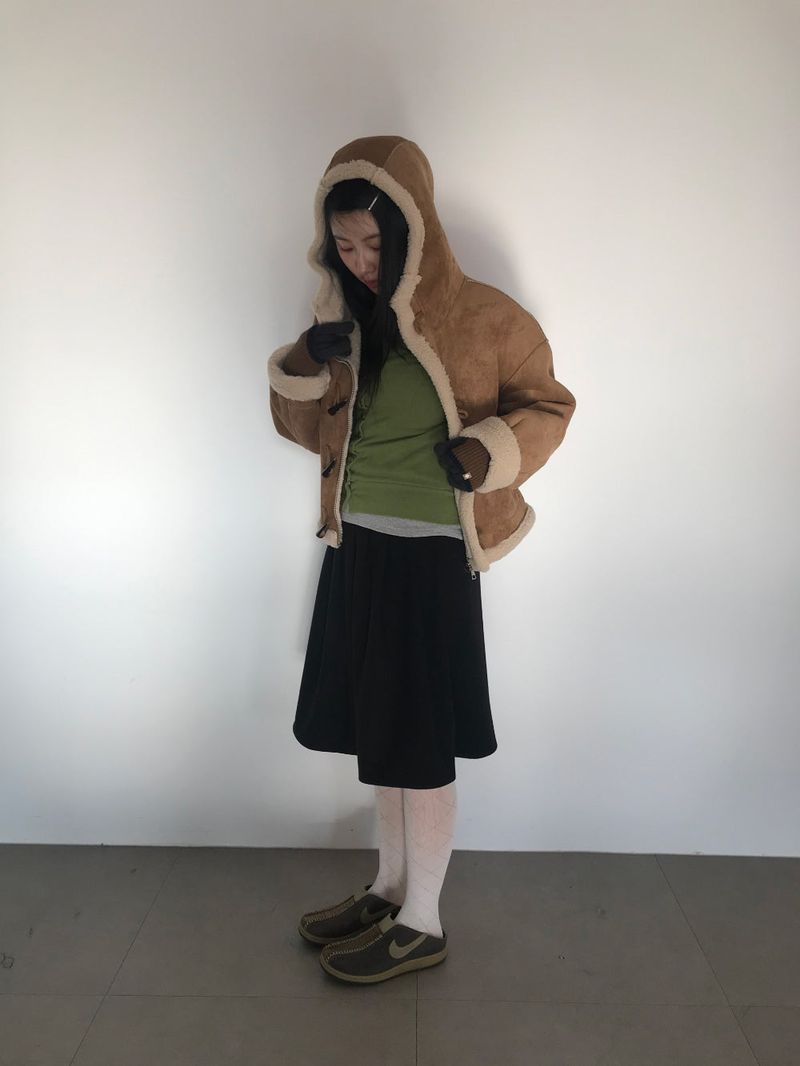 Femme Duffle Hooded Faux Shearling Jacket (2color)