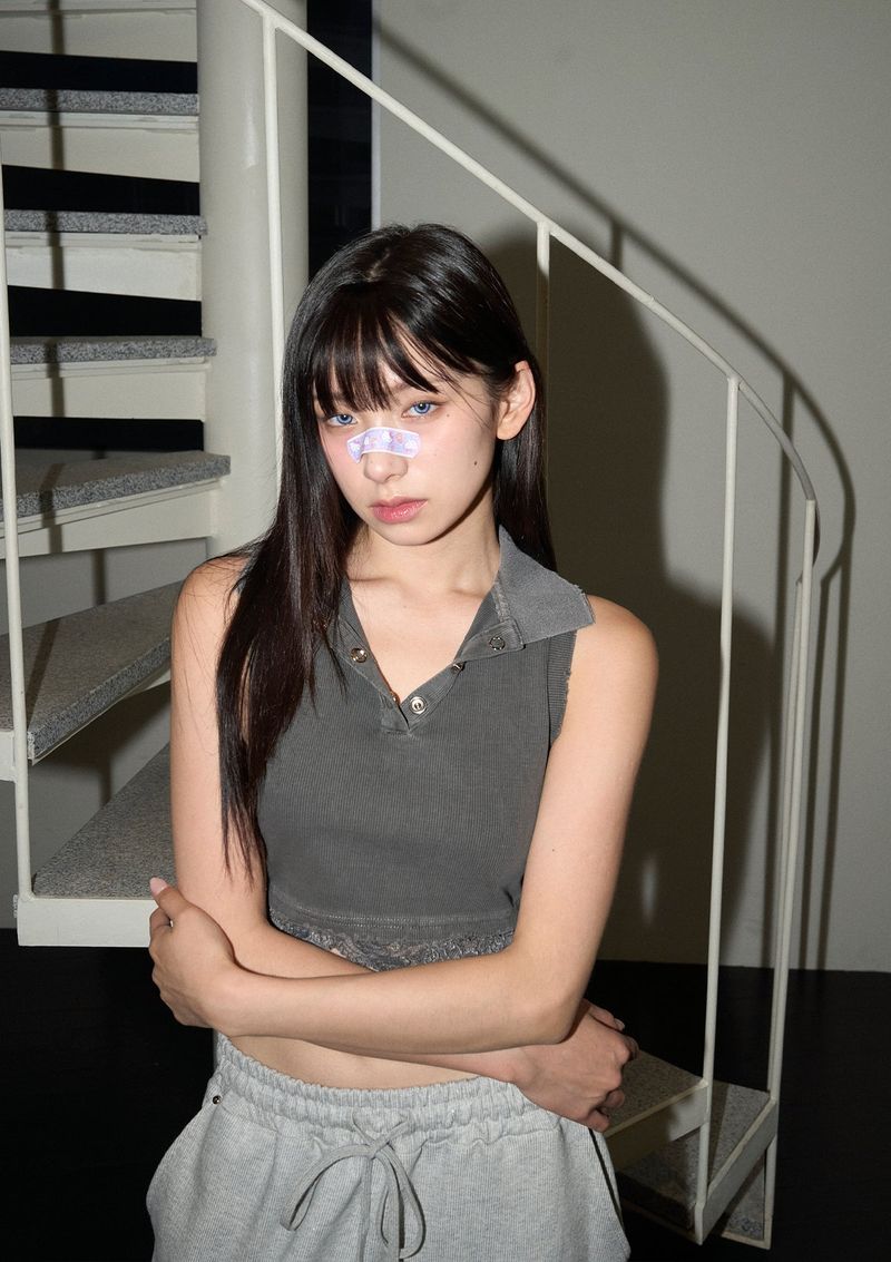 (2nd reorder) stud lace pk top - charcoal