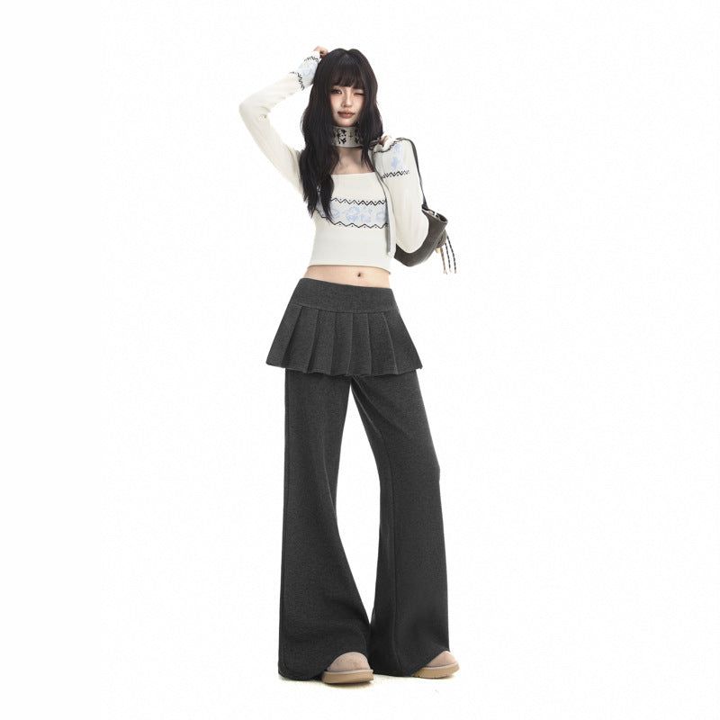 Layered Pleated Skirt Flare Pants