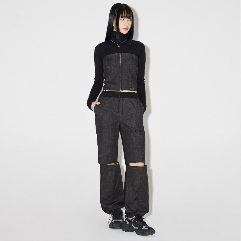 デニムニットブロッキングパンツ / Denim Knit Blocking Pants [BLACK]
