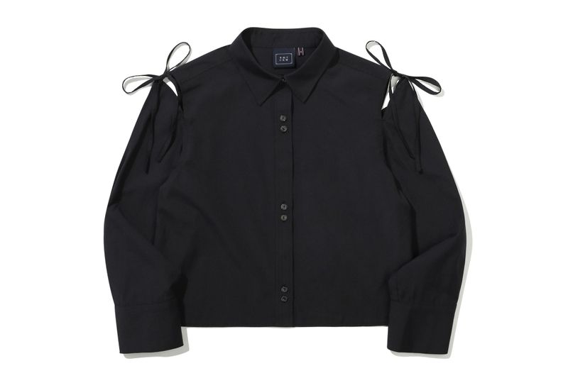 SHOULDER OPEN RIBBON SHIRT_BLACK
