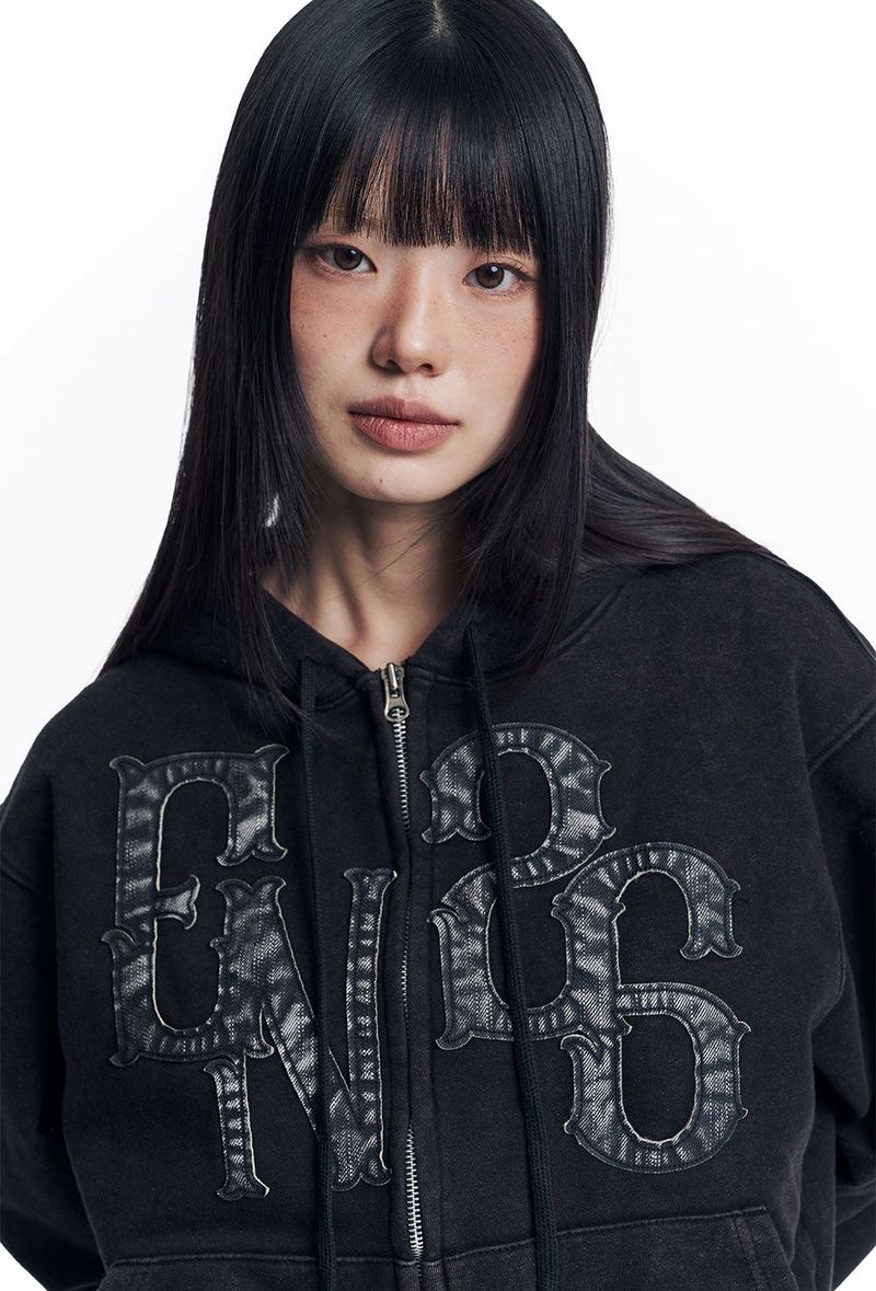 Washed Leather Patch Hooded Zip-Up - Black