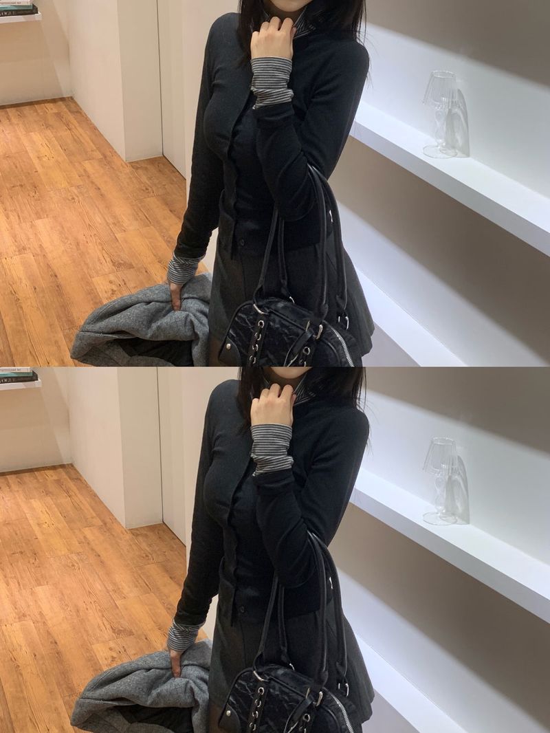 Mono High-neck Button Stripe Contrast Long Sleeve Top