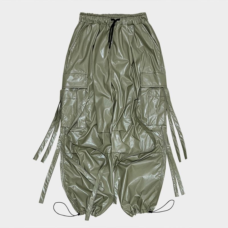 glossy strap pants_khaki