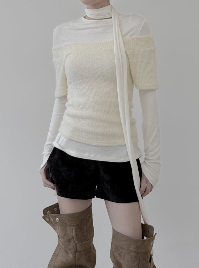 mnem（ムネム）の「Tsumu Fur Knit Off-Shoulder（Tops）」
