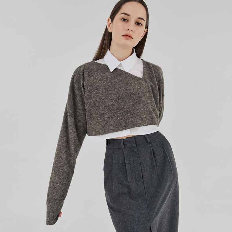 CUT OUT 2-WAY WOOL CROP TOP (BROWNGRAY)