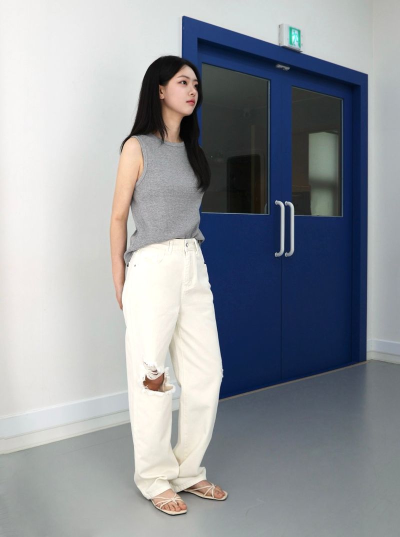 DESTROYED SLIM WIDE FIT DYING PANTS_ Cream White code 6836