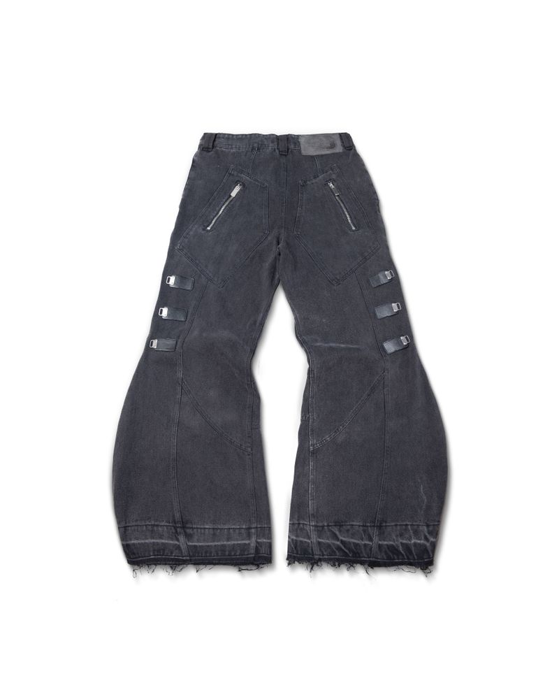 MULTI BUCKLE WASHED GREY DENIM PANTS
