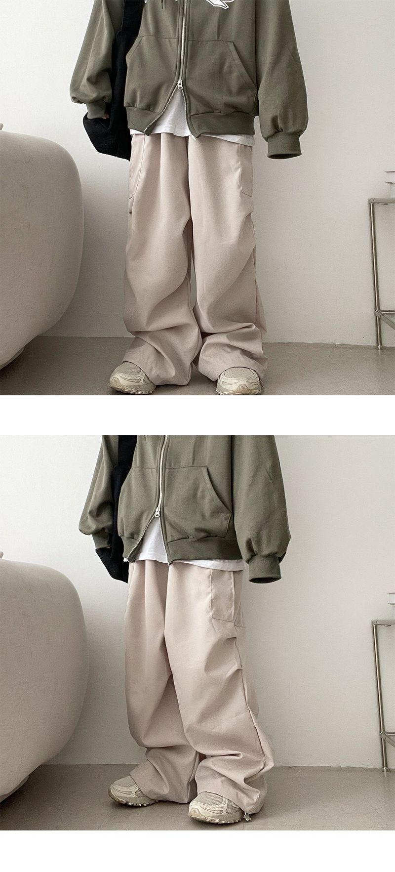 Bicol String Pleated Cargo Wide Pants