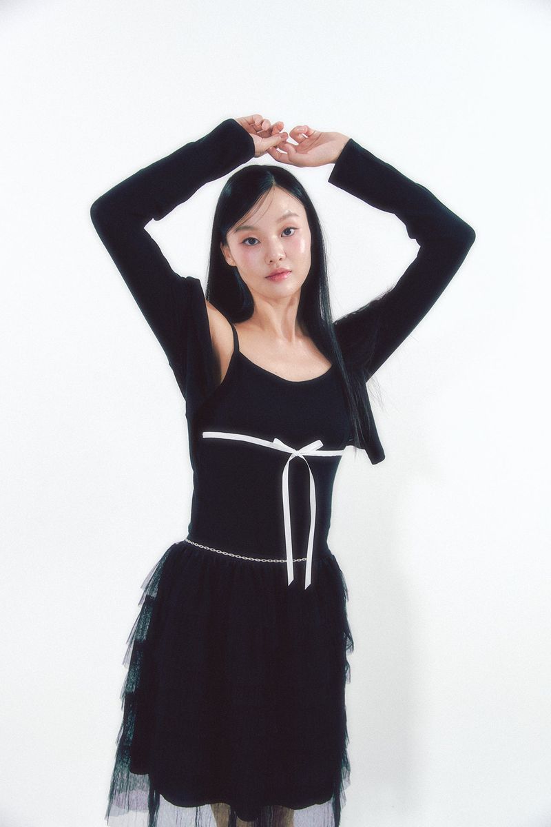 Knit Ribbon Shirring Top Set Black