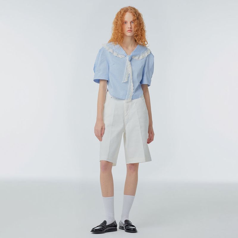Sailor-collar puff-sleeve blouse