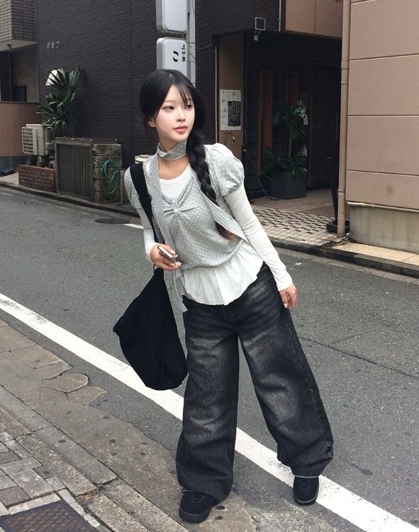 [3-piece Scarf set] ビューレン ドット レイヤード ボタン シャーリング ロングスリーブ Tシャツ