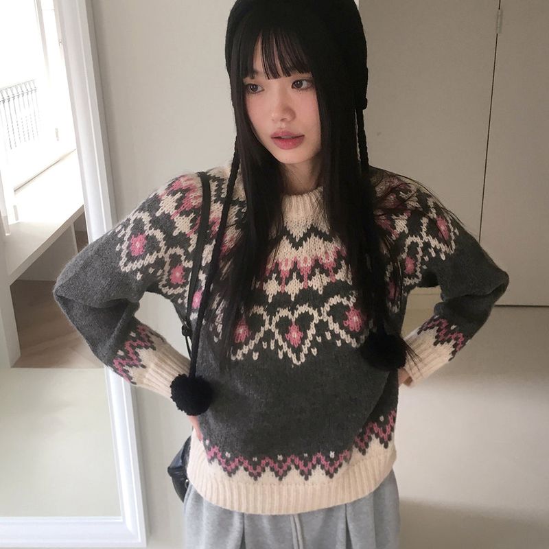 [Wool 10] Candle Heart Nordic Pattern Round Knit