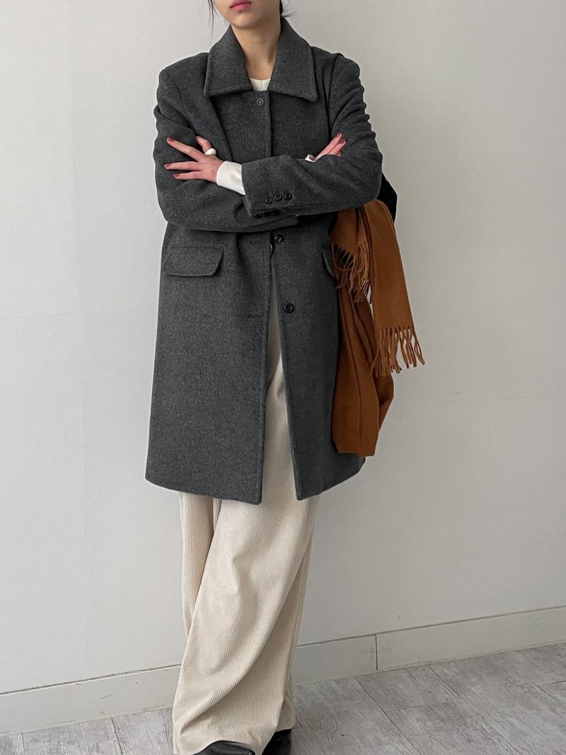 [Merino wool 90%] Stitched collar half coat