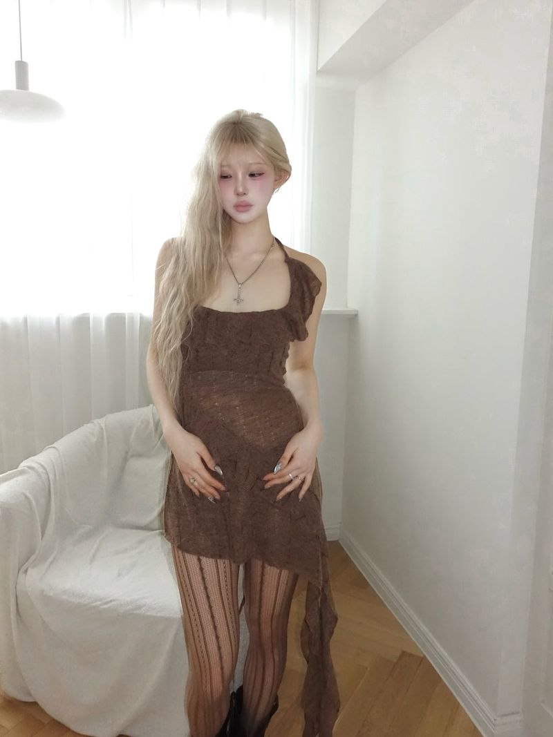 Brown Asymmetrical Ruffle Mini Dress