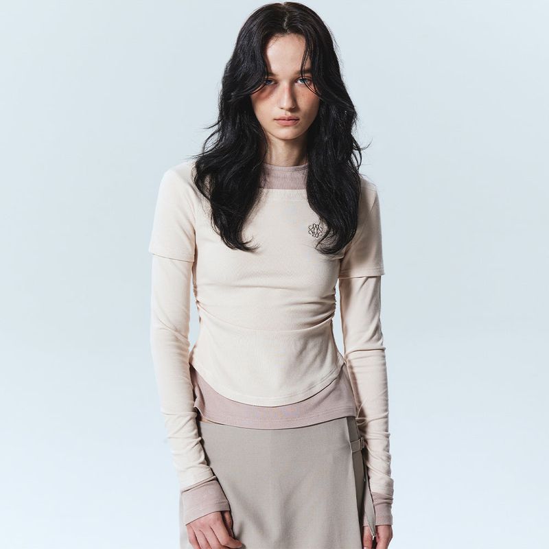 NICOLE SHRRING LAYERED SLEEVE TOP_WHITE CHARCOAL