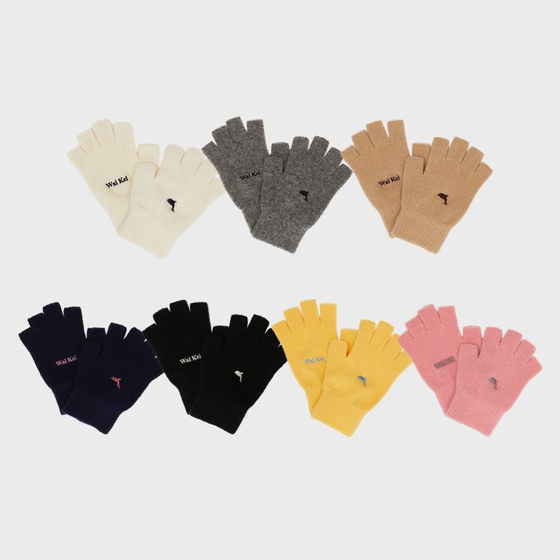 Dolphin embroidery fingerless wool gloves