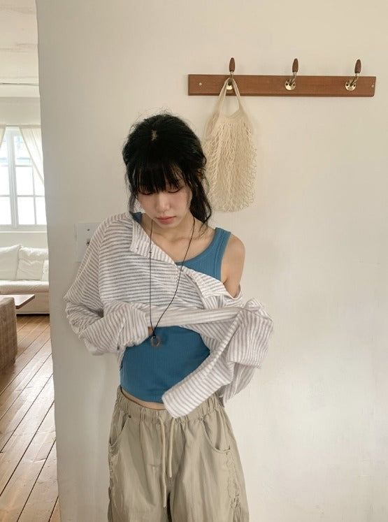Dre Stripe Summer Button Off-Shoulder Long Sleeve Tee