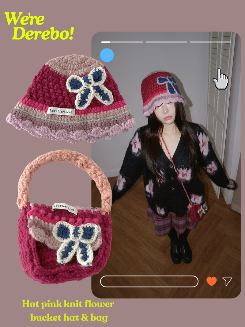 Hot Pink Knit Flower Bunk Hat & Bag Set