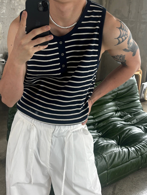 [S/S] Stripe henry neck sleeveless(3color)