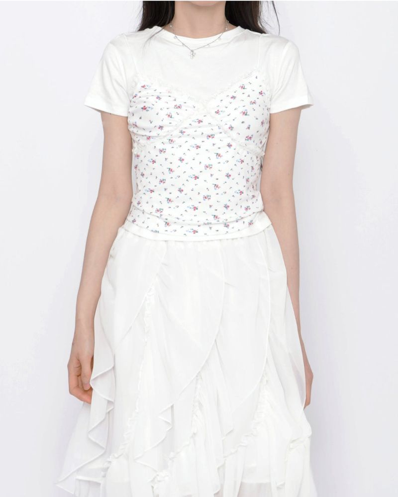 Cute Small Floral Lace Bustier Short Sleeve Set