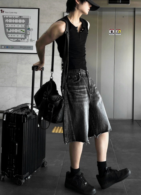 Black Washed Denim Bermuda Shorts Pants