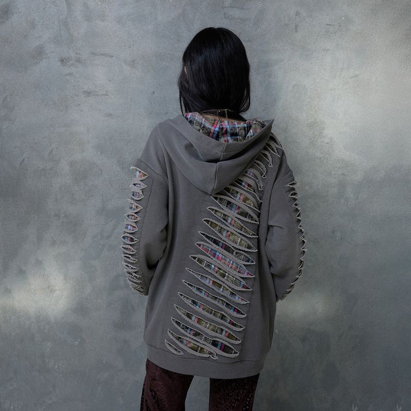 SLASHED CHECK HOODIE: BROWN