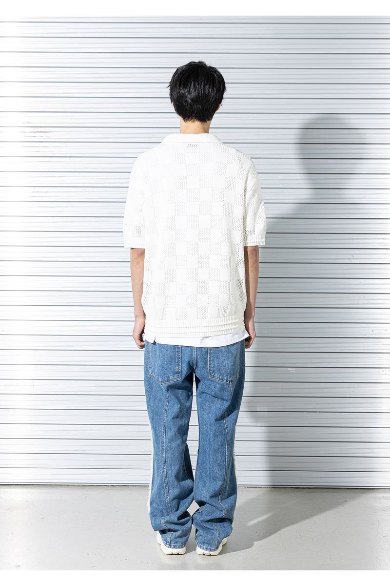 CHECKERBOARD MESHED KNIT HALF SHIRTS