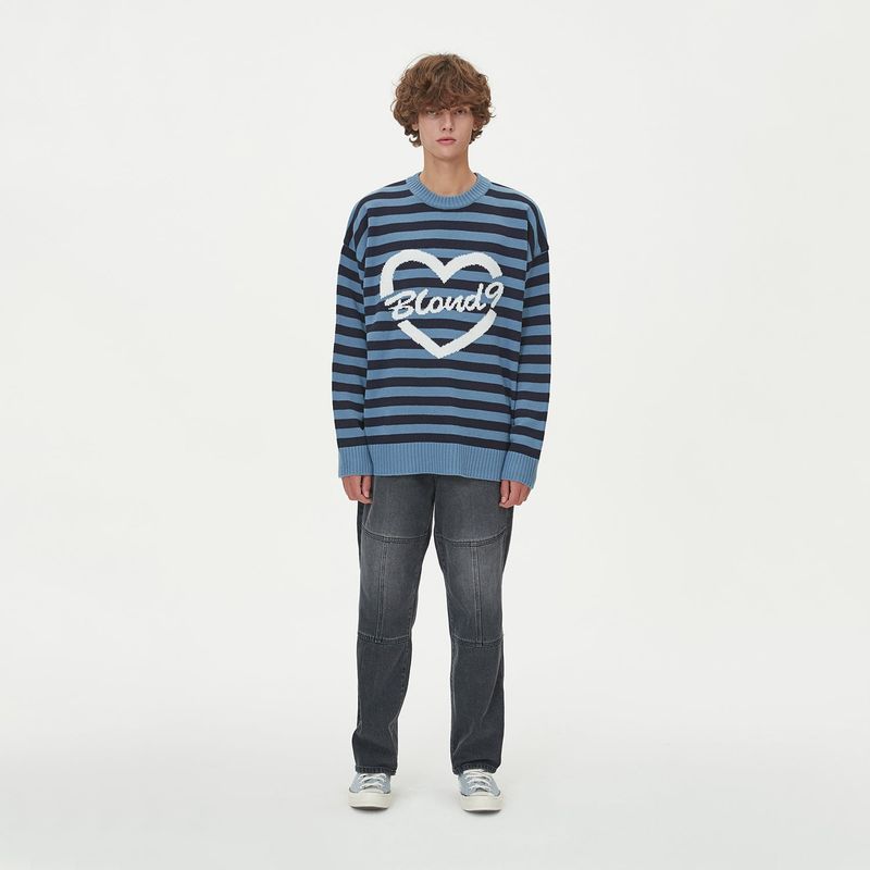 STRIPE HEART ROUND NECK KNIT_BLUE