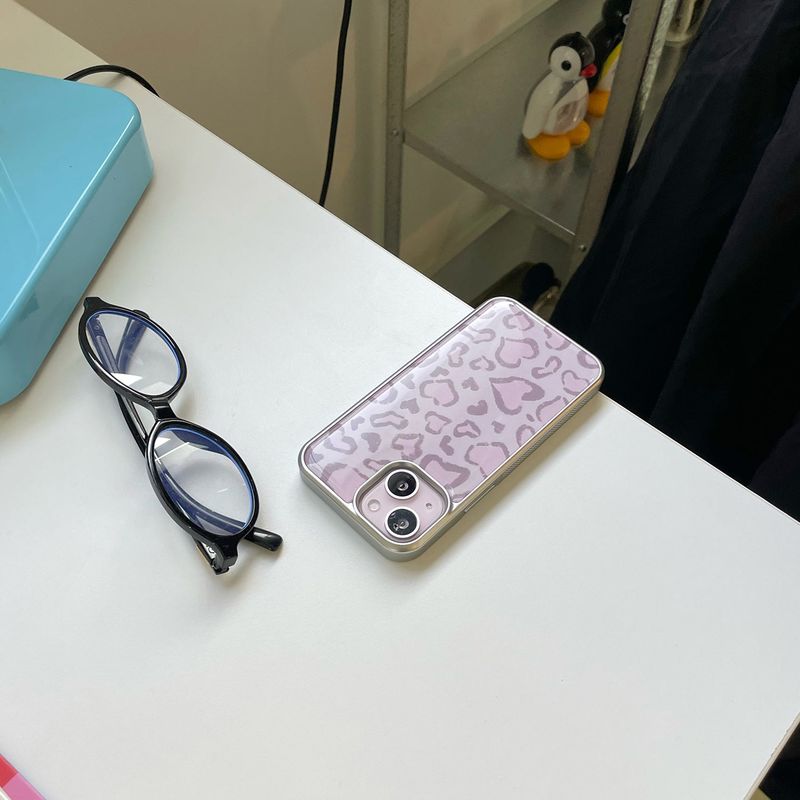 [MADE][Glass Silver Bumper Case] Heart Leopard Drawing Case ⋆ Pink
