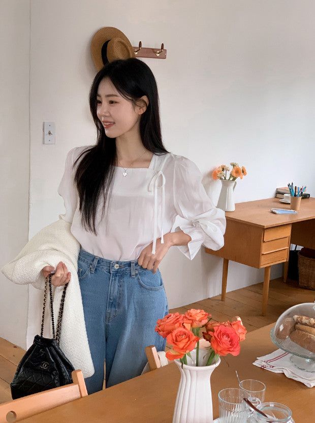 Silky Square Ribbon Frill Blouse (3color)