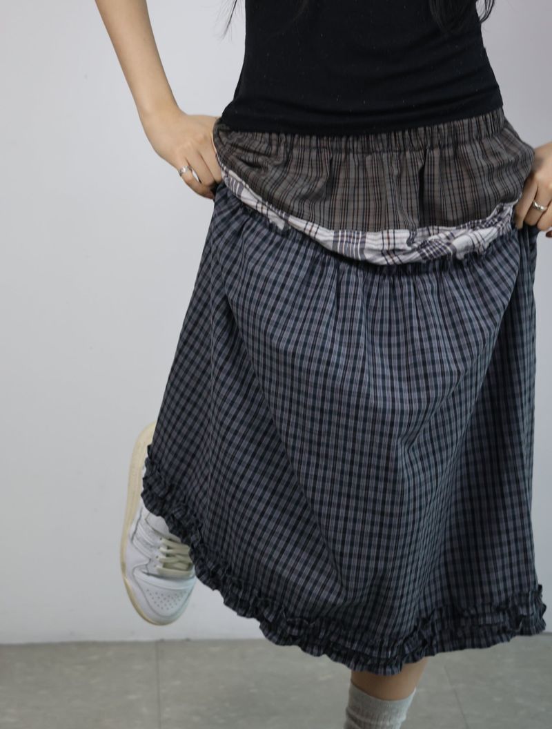 Check frill skirt -Navy