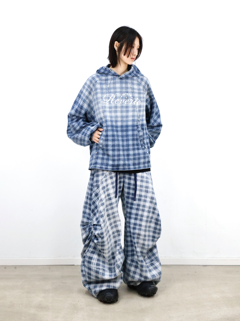 RELABEL (Gemeng) Stud-embellished, printed, gradient-wash checked hooded denim sweatshirt