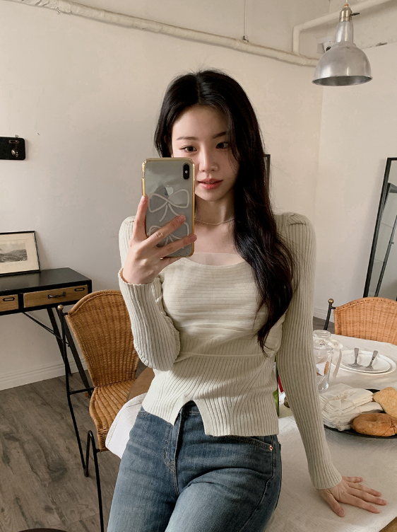 DW Square Chiffon Layered Rib Knit (3color)