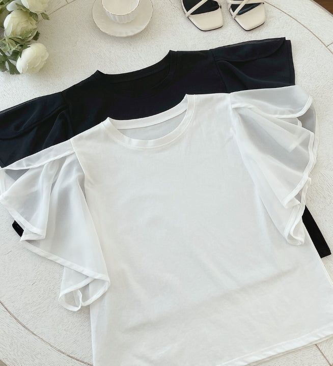Eshuang Round Neck Chiffon Winged T-Blouse