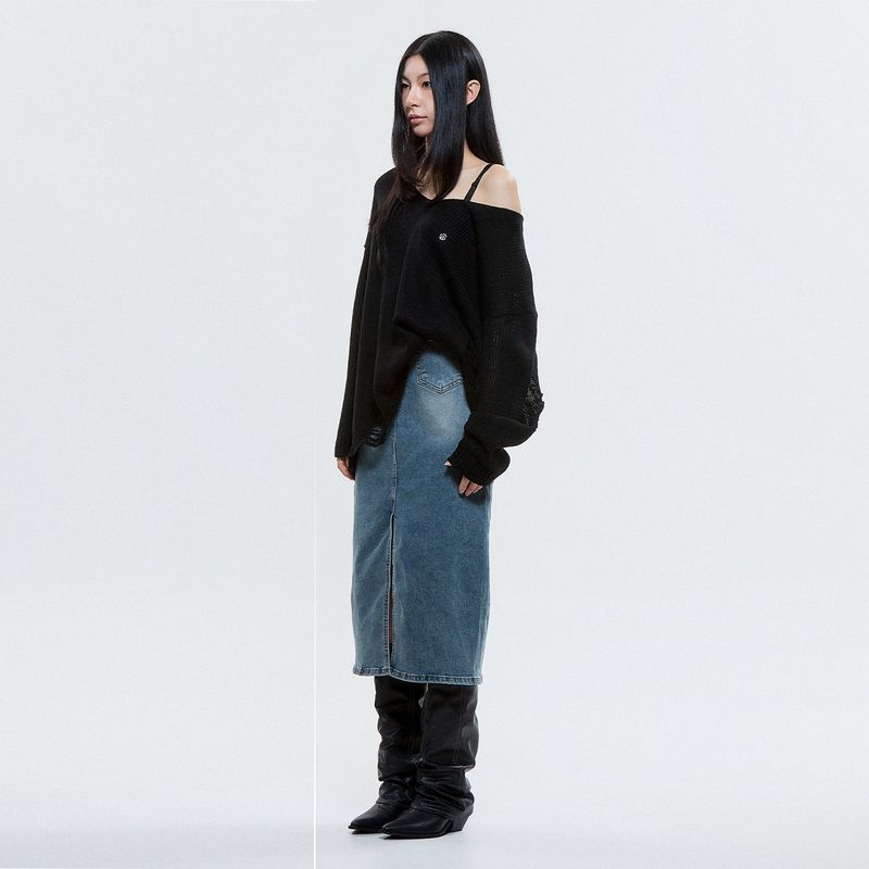 (DUC) Damaged Loose-Fit Knit Black