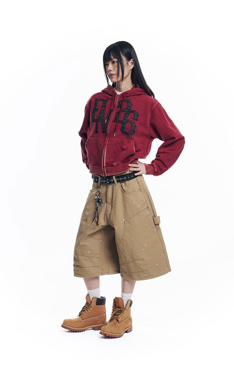 Washed Leather Patch Hooded Zip-Up - Wine
