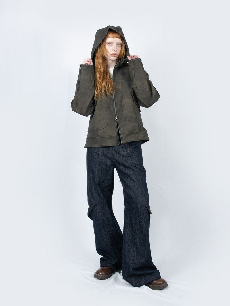 Curved Hood Leather Jacket (Khaki Black)