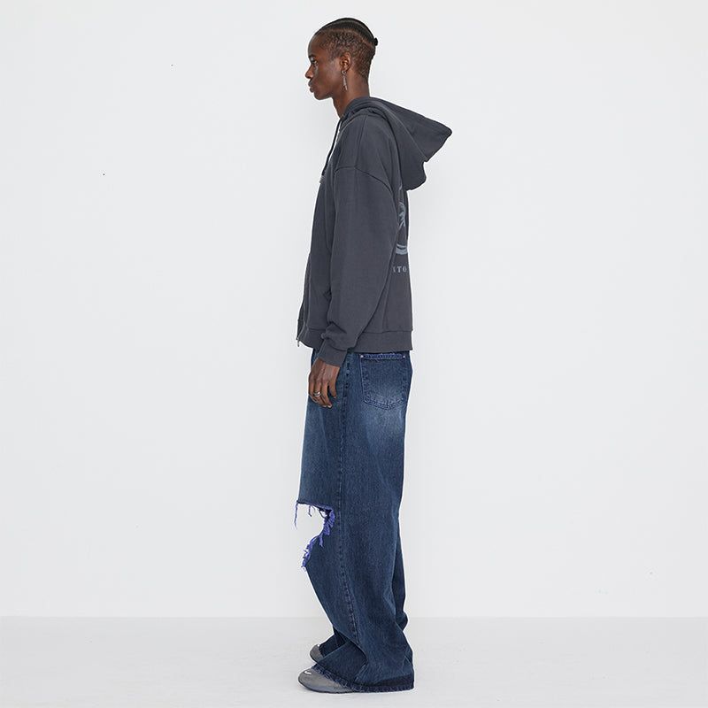 Destroyed Knee Wide Denim Pants Blue & Purple