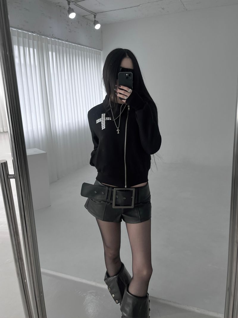 cross stud diagonal warmer zip-up (fleece-lined / 2color)