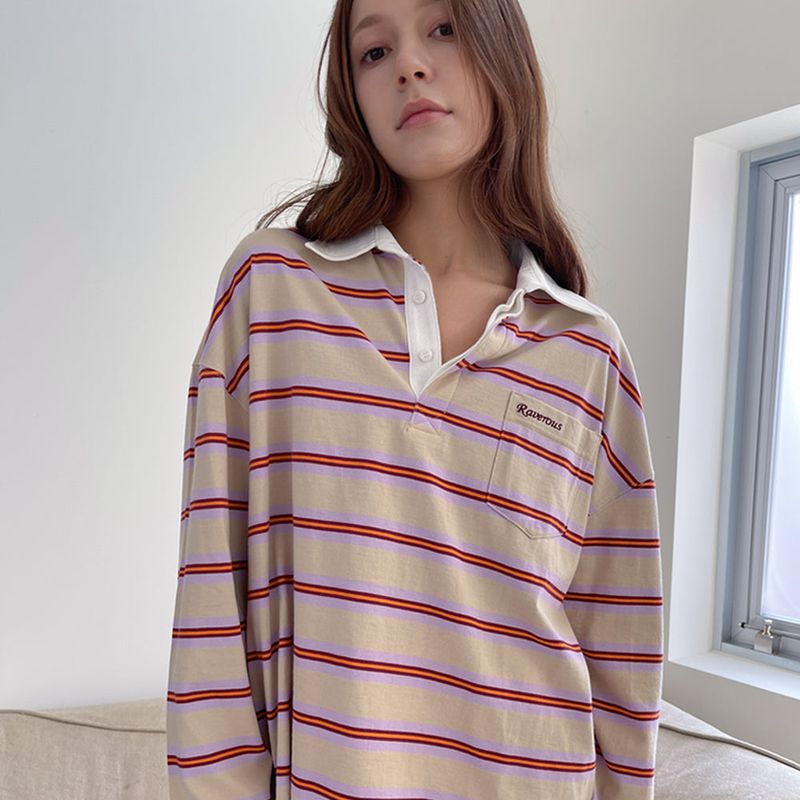 Oversized Stripe Collar T-Shirts_Beige