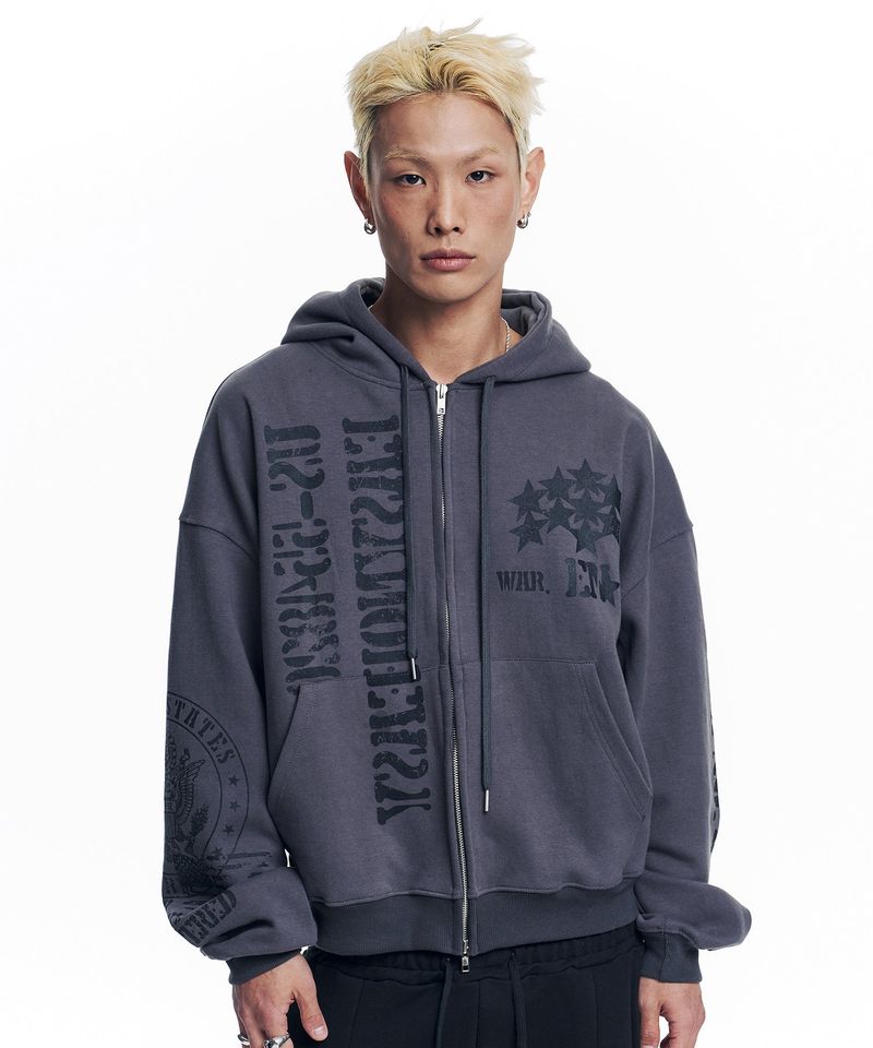 Marine Crack Print Hooded Zip-Up - Charcoal