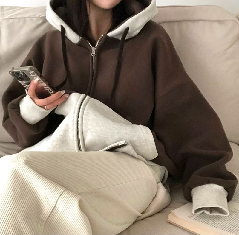 [BELLIDE MADE] two-tone coloring wool boxy hooded zip-up