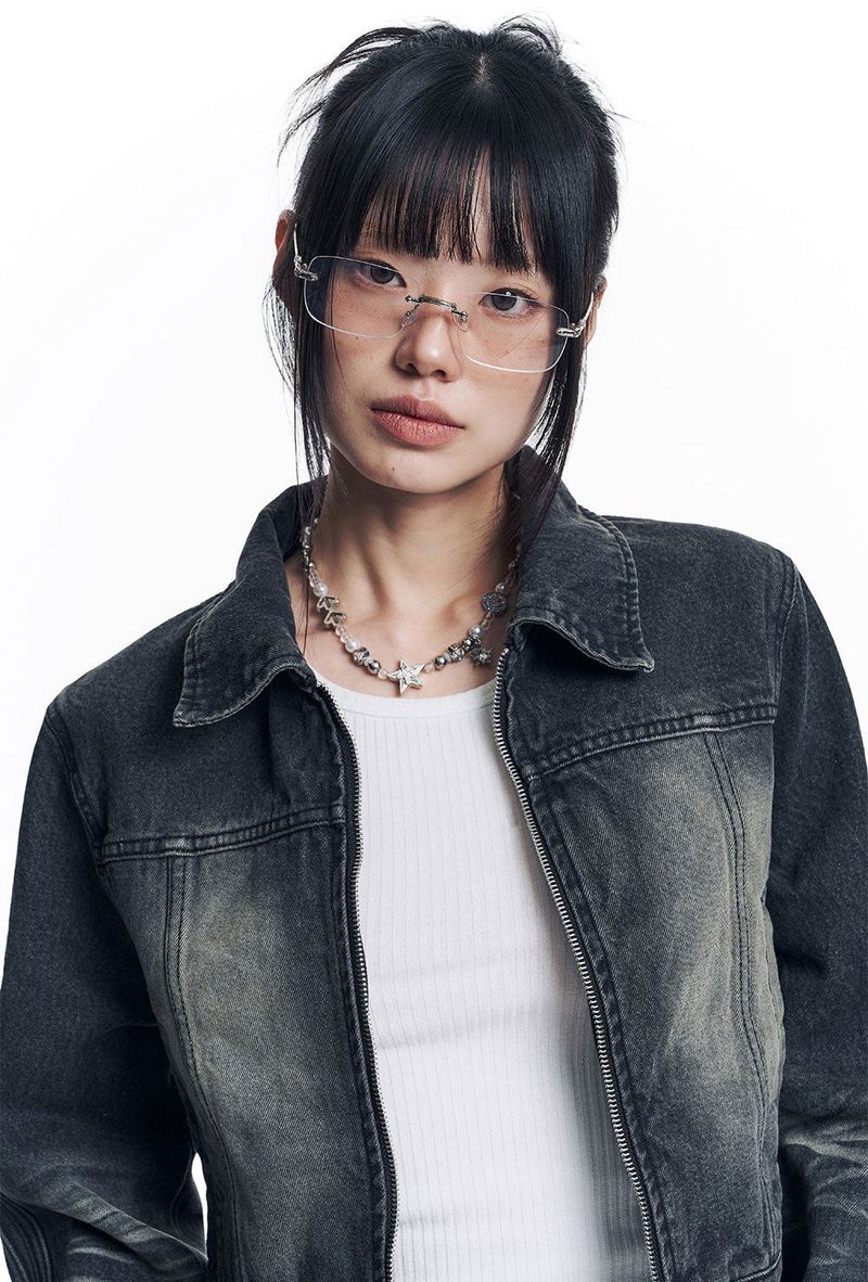Washed Crop Track Denim Jacket - Black