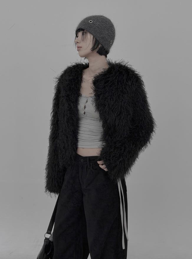 Eyelet Angora Fur Short Beanie