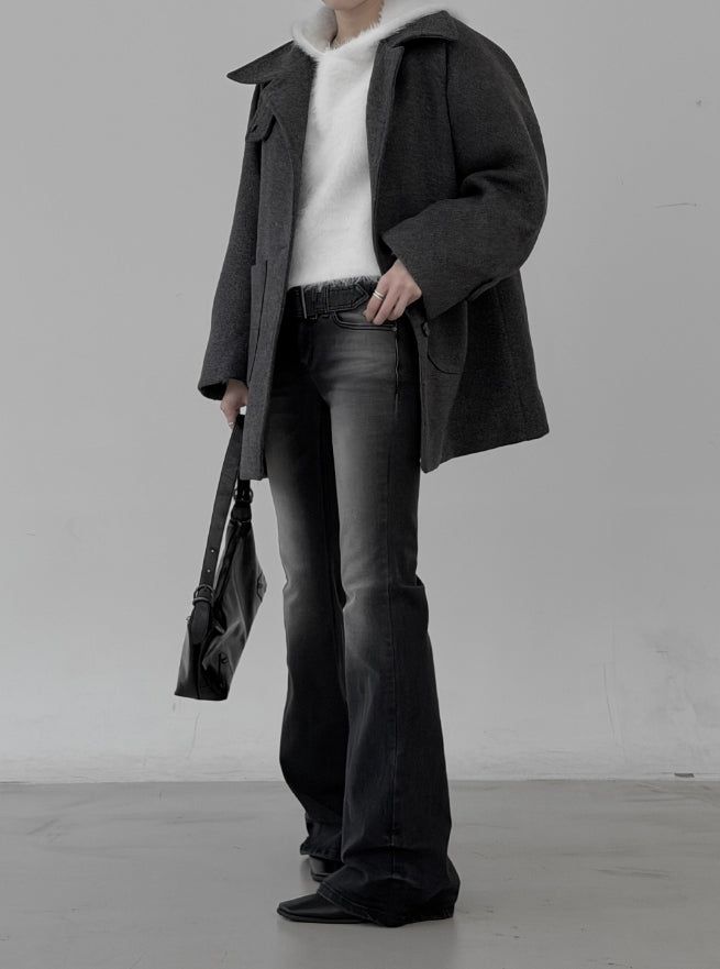 Belted washed bootcut black denim